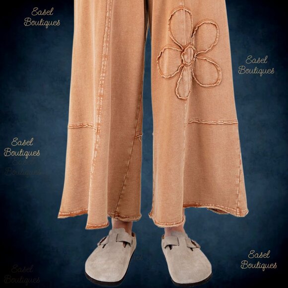 EASEL “Flower Power” Mineral Wash Pants Wide Leg Cozy Relax Fit Raw Seams, Hems - Picture 10 of 14